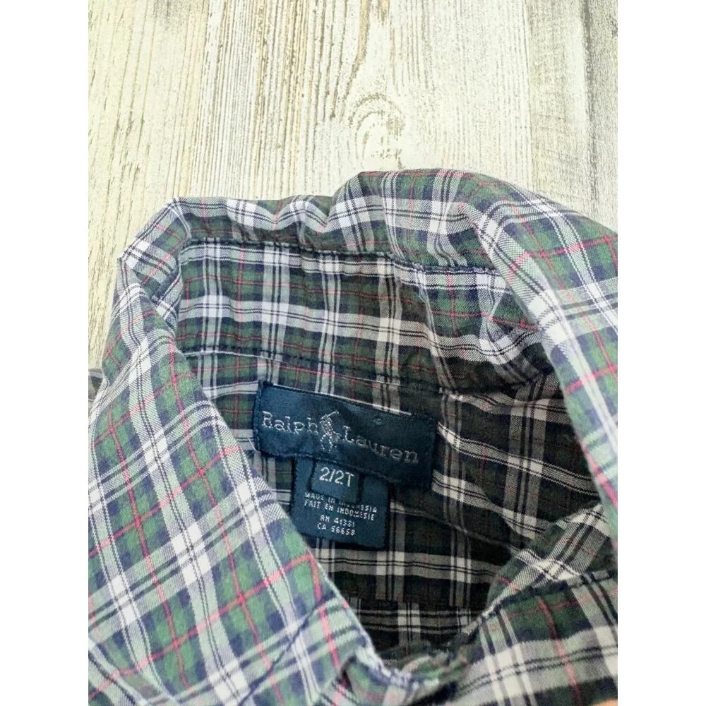 Ralph Lauren Boys Sz 2T Green Plaid Button Down Long Sleeve Shirt Polo Xmas